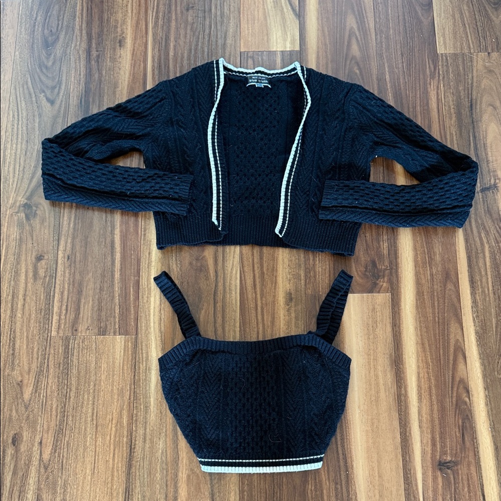 Blue Blush Black Cropped Cable Knit Cardigan with White Trim